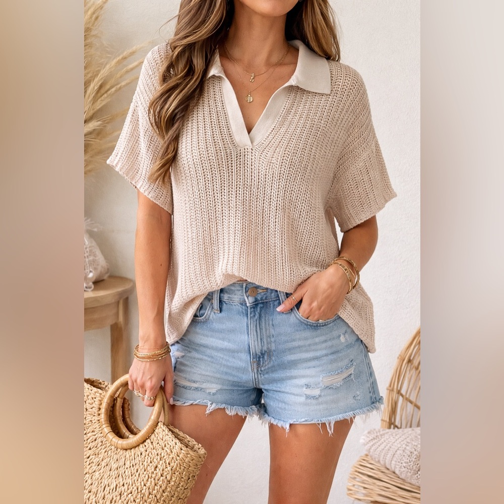 UpWest Crochet Knit Collared Top L/XL Women’s Beige Open Knit Boho Beachy